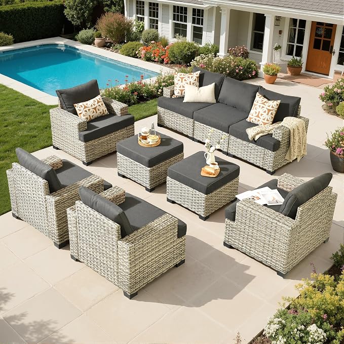 Outdoor Sectional Patio Furniture Set,9 Pieces All Weather Rattan Wicker Conversation Sets,Out Door Furniture with Ottoman Single Chair,Black