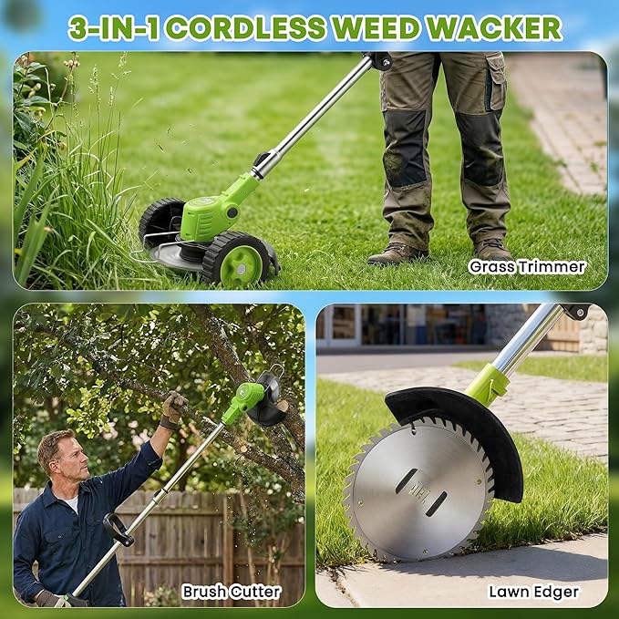 Cordless Electric Weed Wacker with Wheels, 3-in-1 Grass Trimmer & Brush Cutter & Lawn Edger, 3 Types Blade, 2X2000mAh Batteries, Lightweight String Trimmer for Garden and Yard Lawn, Gifts for Seniors