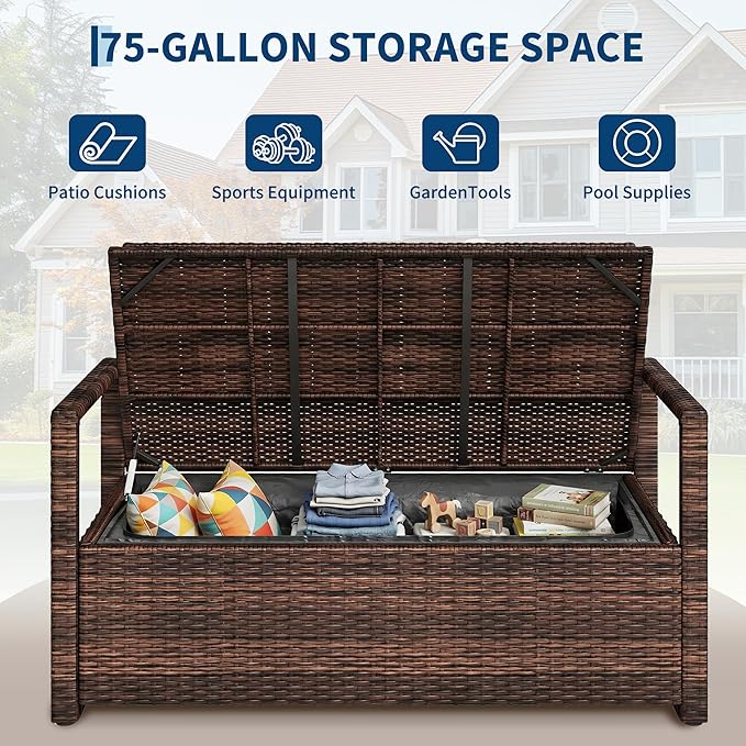 Outdoor Storage Bench with Cushion, 2-Seater PE Rattan Storage Box with Backrest & Armrests, 75 Gallon, 400 lbs Capacity Weatherproof Patio Bench for Garden, Balcony, Porch, Pool, Yard,Dark Brown