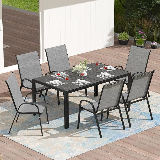 PIZZELLO 7-Piece Outdoor Dining Set Patio Dining Set for 6 Outdoor Table and Chairs All Weather Outdoor Patio Set w/Stackable Patio Chairs and HDPE Dining Table for Backyard, Garden and Poolside