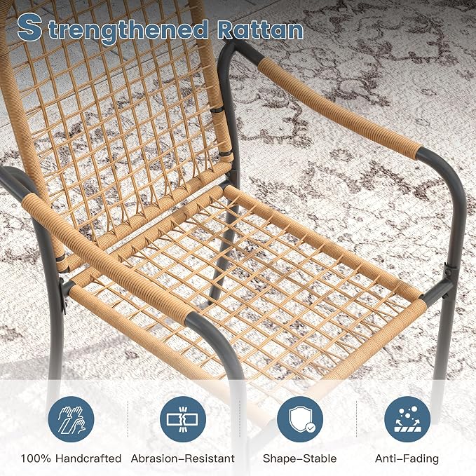 DIFY 9 Pieces Outdoor Dining Set, Metal Patio Table and Chairs Set for 8, 53.1" Round Dining Table with Umbrella Hole & Wicker Stackable Patio Chairs with Cushions, Black Tabletop