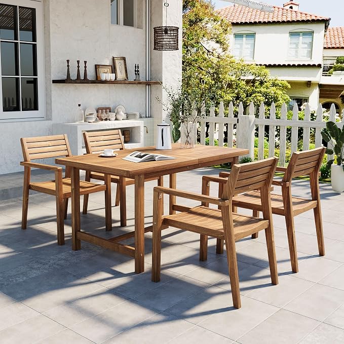 5 Piece Outdoor Dining Set for 4, 59.06" Rectangular Table with Umbrella Hole and 4 Comfortable Chairs, Acacia Wood Dining Set for Patio, Lawn, Garden, Poolside & Indoor Use, Natural