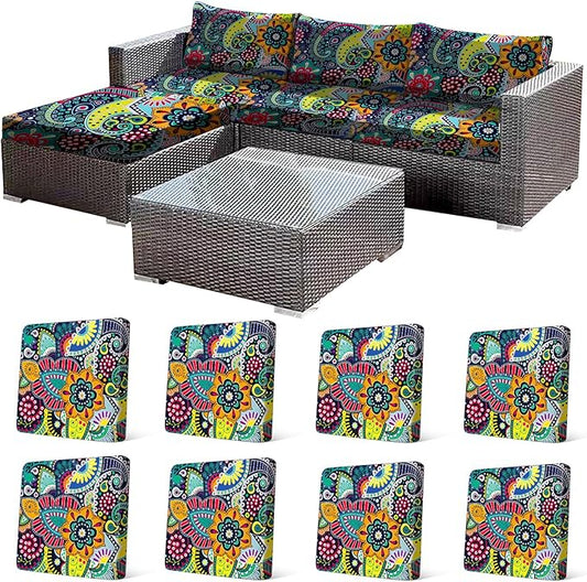 CALBODE 8Pcs Stretch Patio Cushion Cover, Boho Floral Couch & Sofa Slipcovers for Patio Furniture Cushions Washable Reusable Couch Covers Replacement for All Season, Breathable (Paisley, Cover Only)