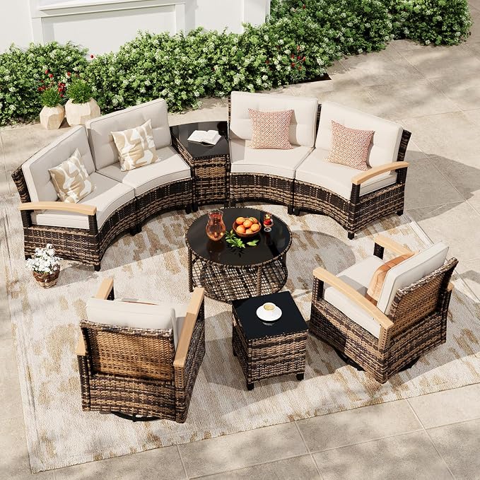 MEISSALIVVE 9-Piece Half-Moon Curved Outdoor Patio Furniture Set, Sectional Conversation Sofa with 2 Swivel Glider Chairs, Coffee & Side Tables for Backyard Deck Garden, Beige