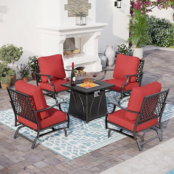 SUNSHINE VALLEY 5 Piece Metal Outdoor Patio Furniture Set with Fire Pit Table, Patio Conversation Sets 4 Rocking Chairs with 5.75" Thick Cushion and 5000 BTU Fire Pit Table, Backyard Furniture, Red