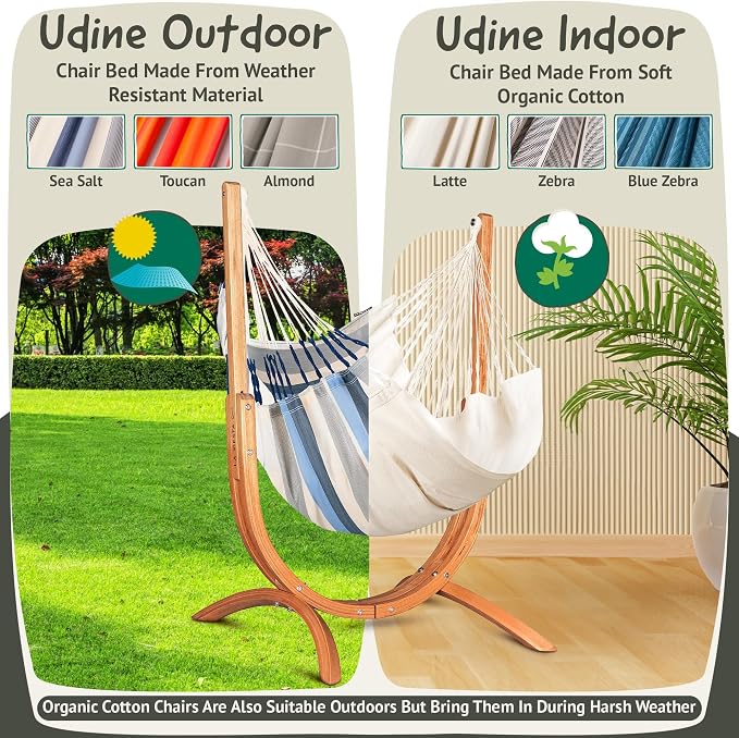 LA SIESTA Udine Outdoor Hammock Chair Set with freestanding Wooden Stand, Double-Size Weather-Resistant Hammock Chair with FSC-Certified Eucalyptus Wood Stand - Toucan