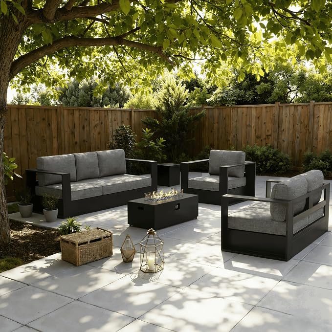 LayinSun Oversized Aluminum Outdoor Furniture Set, 5 Piece Patio Sofa Sets with Fire Pit Table, Deep Seating and Upgraded 6-inch Cushions for Porch, Balcony, Deck