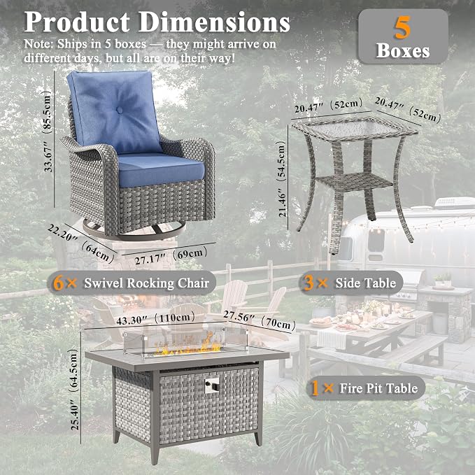 10 Piece Wicker Patio Furniture Set with 55,000 BTU Fire Pit Table, Swivel Rocking Chairs, 4''Cushions, PE Rattan, Wind Guard Glass, for Backyard, Deck or Balcony, Navy