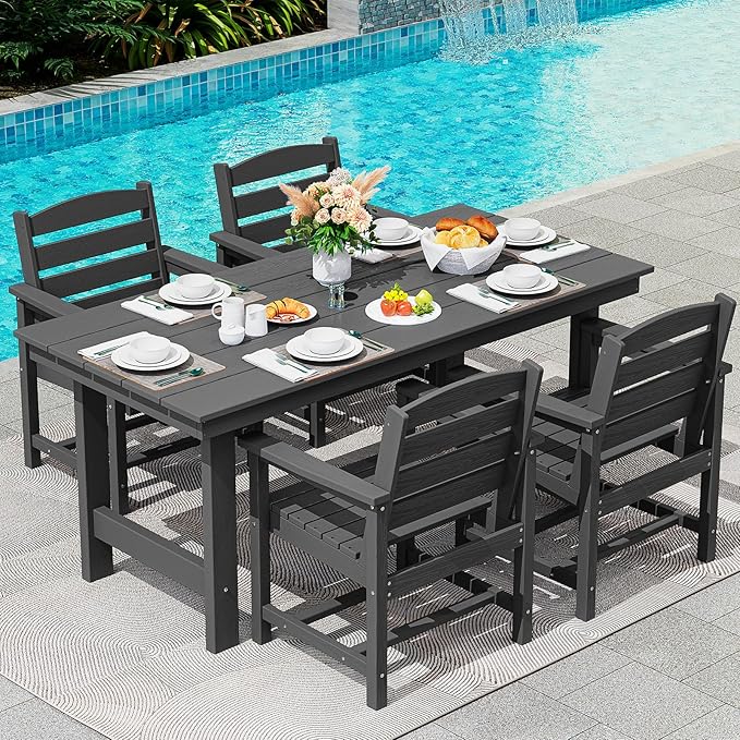 SERWALL 67" Rectangle Outdoor Dining Table for 6, Black | Patio Dining Table with an umbrella hole, HDPE Outdoor Dining Table which can holds up to 220LBS