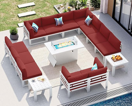NICESOUL 12 Seat Extra Large Aluminum Patio Furniture Set with Fire Pit Table Propane/Gas, Contemporary Outdoor Conversation Sofa Set with End Table, All-Weather Sectional Couch for Garden Yard, Red
