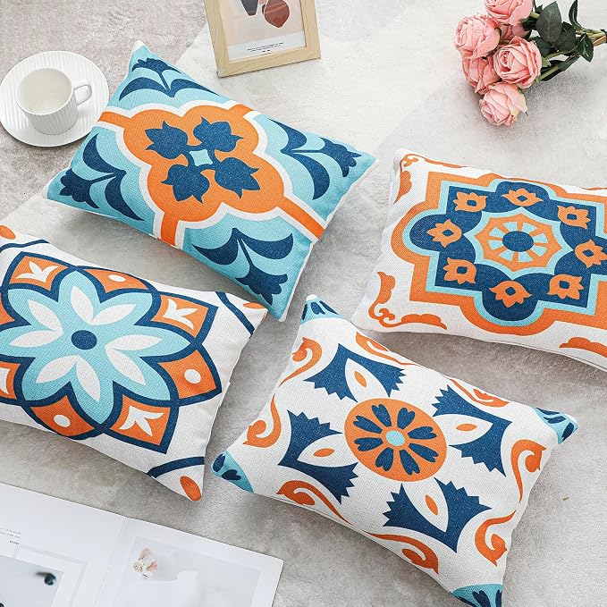 Juexica 4 Pack Chaise Lounge Headrest Pillow, Decorative Outdoor Patio Neck Headrest Pillow with Adjustable Elastic Strap & Insert, Waterproof for Pool Recliner Beach Hammock Chair (Orange, Floral)