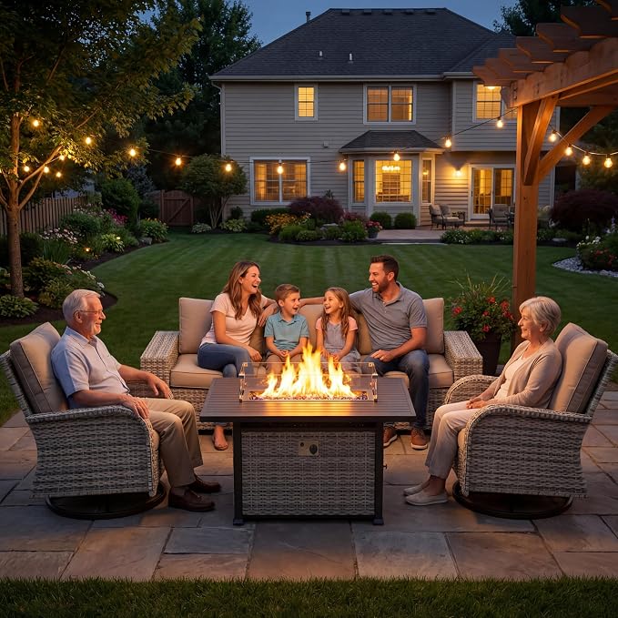 16-Piece Outdoor Patio Furniture Set with Rocking Swivel Chair, PE Wicker Rattan Sectional Sofa Patio Conversation Set with 55,000 BTU Fire Pit Table & Coffee Table, Green
