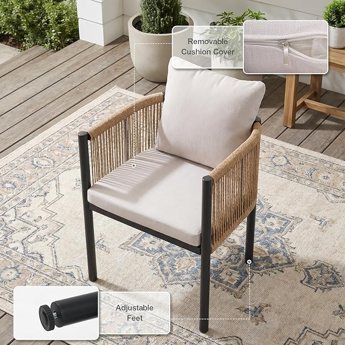 SUNSITT 7 Piece Outdoor Patio Dining Set, Patio Dining Furniture Set with 82.6” Metal Dining Table w/WPC Tabletop and 6 Patio Woven Rattan Chairs w/Curved Armrest for Garden, Beige