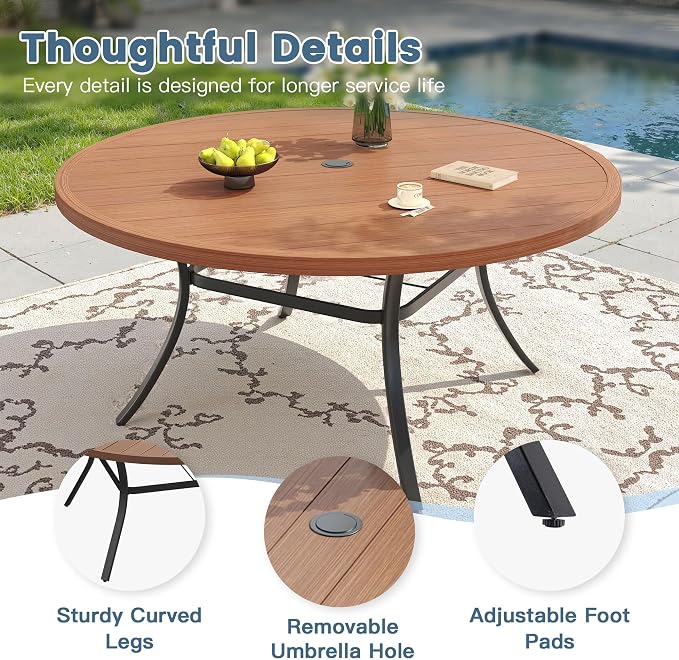 DIFY 11 Pieces Outdoor Dining Set for 10, Patio Furniture Set of 10 Wicker Patio Chairs with Soft Cushions and 63" Walnut Round Metal Table with Umbrella Hole, for Backyard Garden Deck, Wheat Rattan