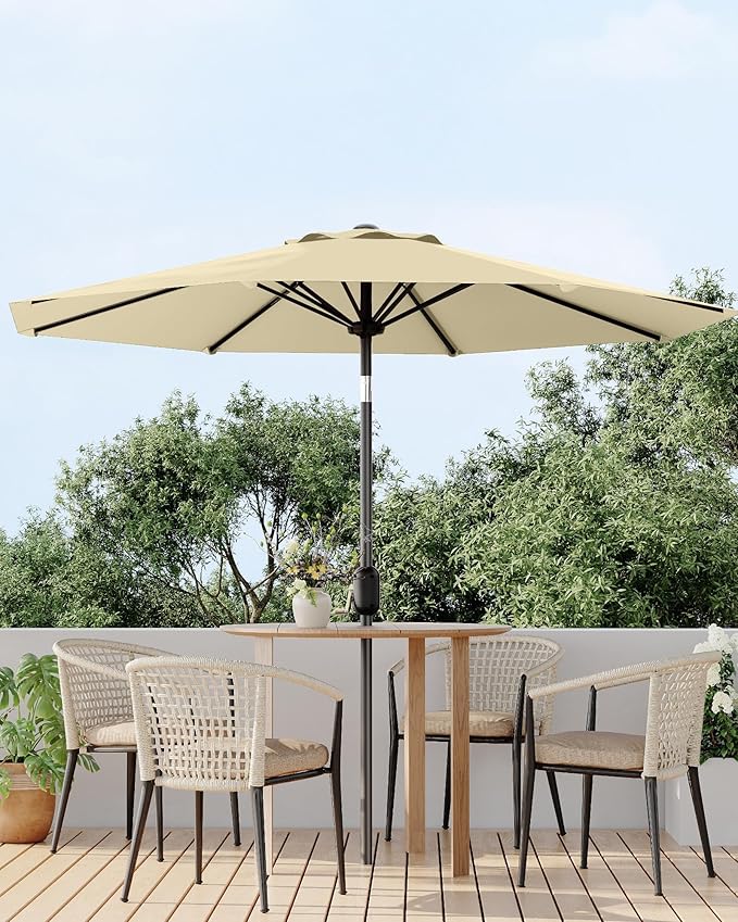 GarveeLife 9 ft Patio Umbrella, Outdoor Table Market Umbrella with Push Button Tilt and Crank, 8 Sturdy Ribs UV Protection Waterproof for Garden, Deck, Backyard, Pool (Beige)