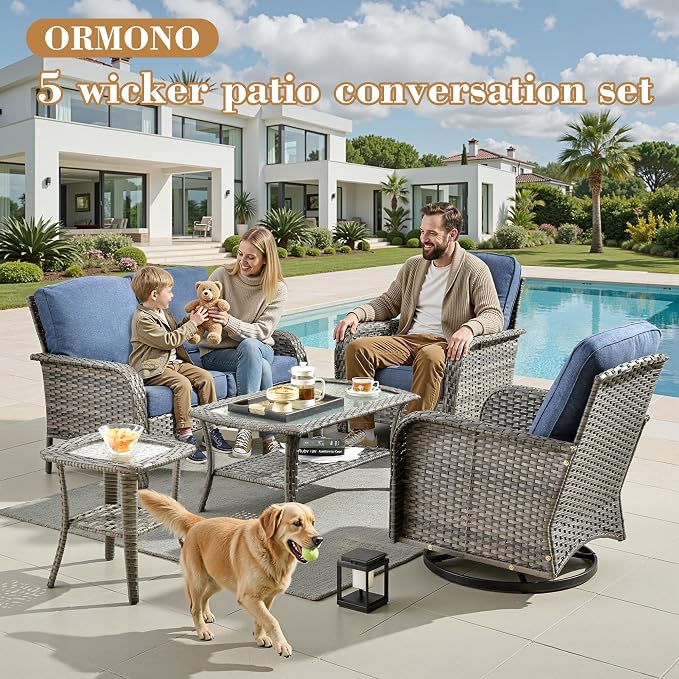 5 Pieces Patio Conversation Sets,Patio Furniture Set with Swivel Rocking Chairs and Coffee Table, All Weather Rattan Wicker Small Outdoor Sectional Furniture Set with Loveseat for Porch Balcony Blue