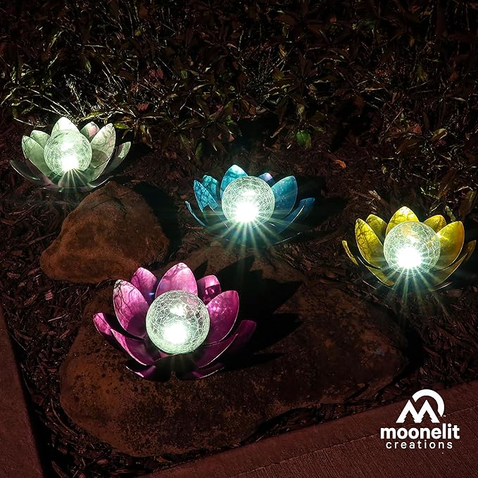 MCSLOTUS-G Gold Lotus Flower Solar LED Garden Light with Crackled Glass Globe – Waterproof Metal Outdoor Décor