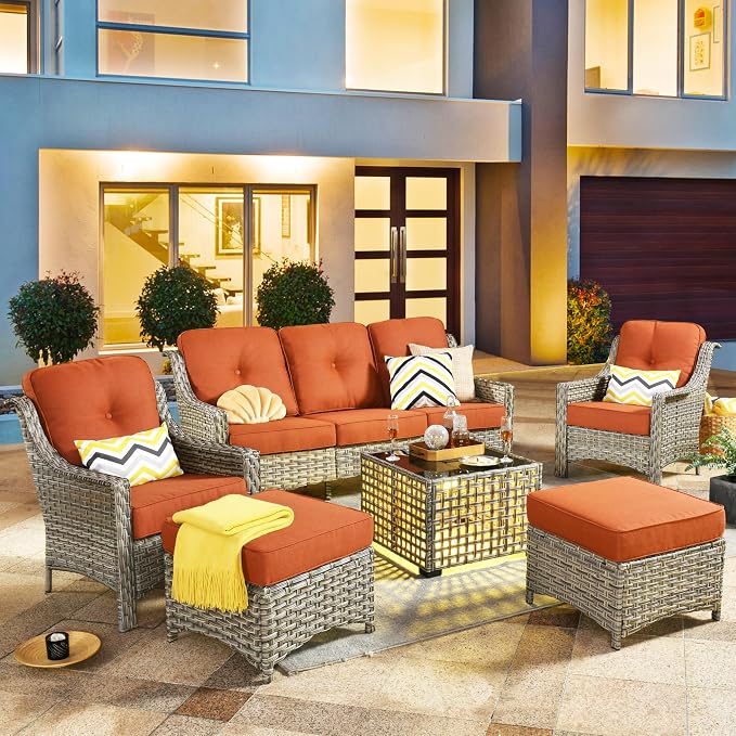 HOOOWOOO 6 Piece Patio Furniture Conversation Sets with Sola Light Table,Outdoor Wicker Furniture with Ottoman, All Weather Resistant Outside High Back Rattan Patio Set(Red)