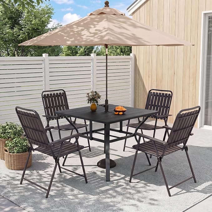 Outdoor Dining Set for 4, Patio Table and Foldable PP Chairs Set with 1.97'' Umbrella Hole, 5pcs Patio Furniture Set 37.8”x37.8” Dining Table Set with No Assembled Chairs for Porch Deck Backyard Pool