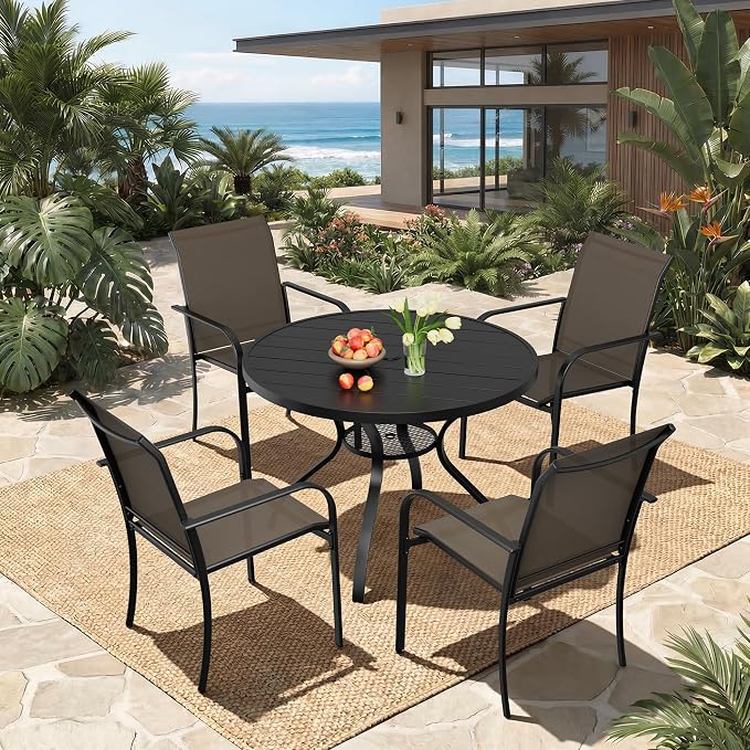 Incbruce 5 PCS Patio Dining Set, Outdoor Dining Set of 4 Textilene Chairs and 41" Round Table with Umbrella Hole for Backyard, Garden, and Poolside (Brown)