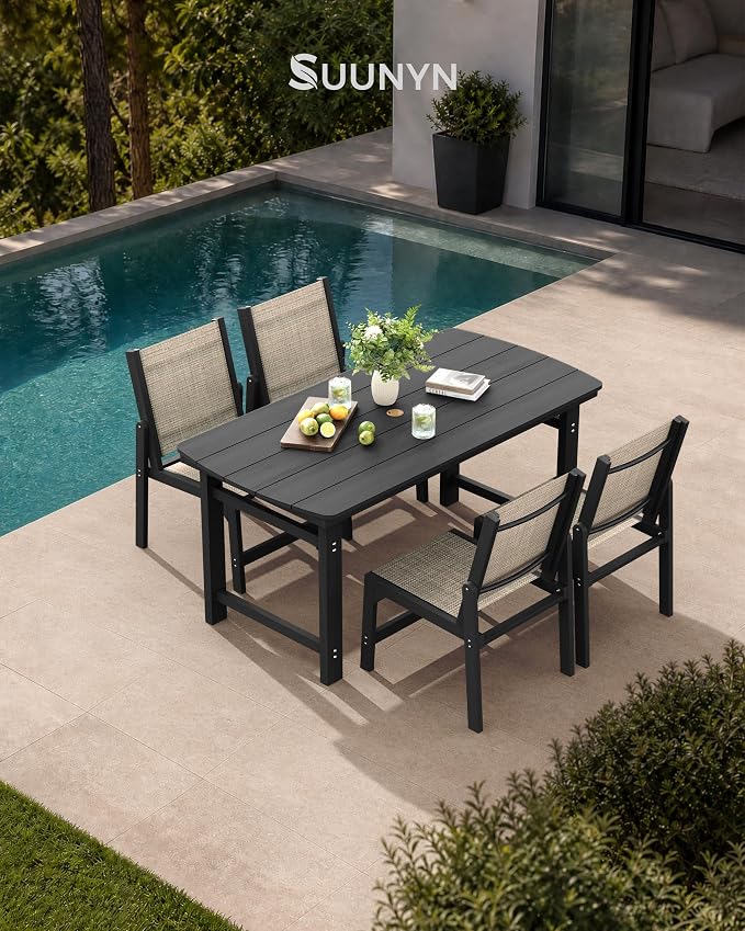 HDPE Outdoor Patio Dining Set with Table & 4 Stackable Armless Textilene Chairs, All-Weather 5-Piece Dining Table Set with Umbrella Hole, Patio Furniture for Garden, Poolside, Backyard, Deck | Black
