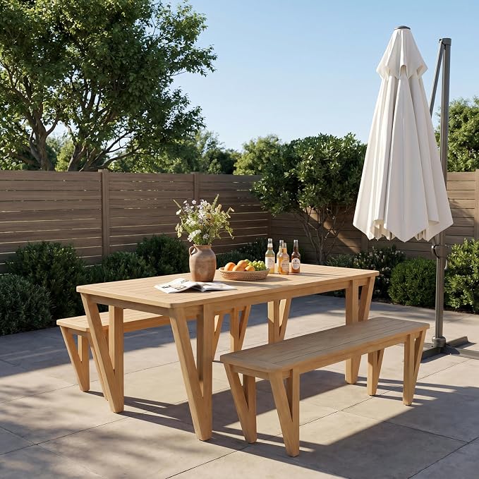Christopher Knight Home Cove 3 Piece Acacia Wood Dining Table Set for 4-6, Outdoor Dining Set with Patio Table & Dual Benches, Patio Furniture Set with Slatted Design & V-Shaped Legs, Light Teak