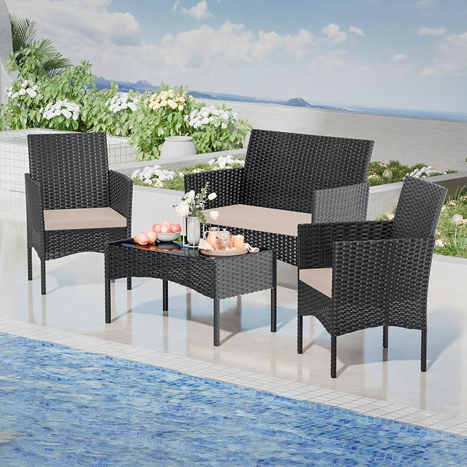 4 Pieces Patio Furniture Set Outdoor Conversation Set Rattan Furniture Set Wicker Chairs and Sofa with Glass Table for Porch Pool Backyard Garden Sand