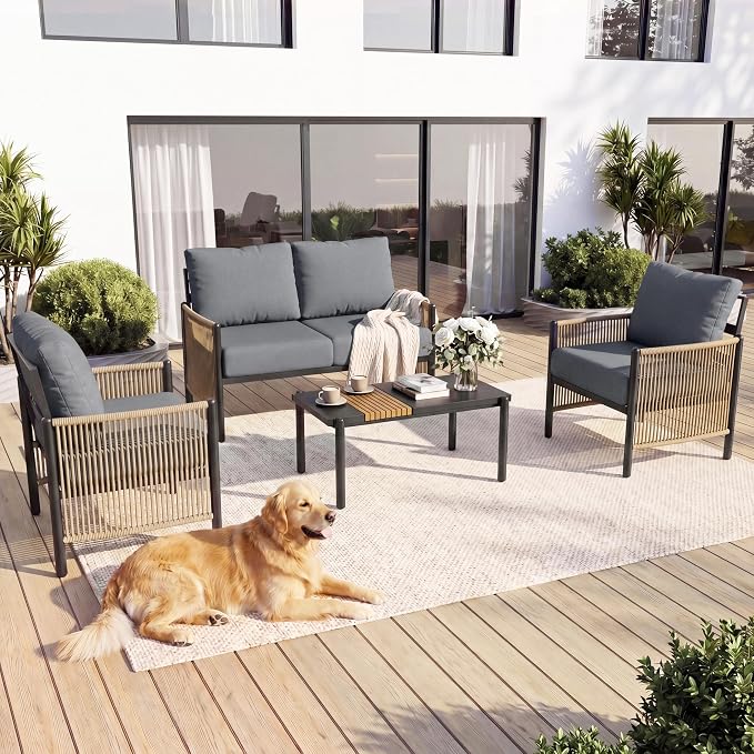 Aluminum Patio Furniture Set, 4 Seats Outdoor Patio Furniture with Coffee Table, Outdoor Wicker Conversation Sets with Cushion for Backyard, Balcony,Porch,Dark Grey
