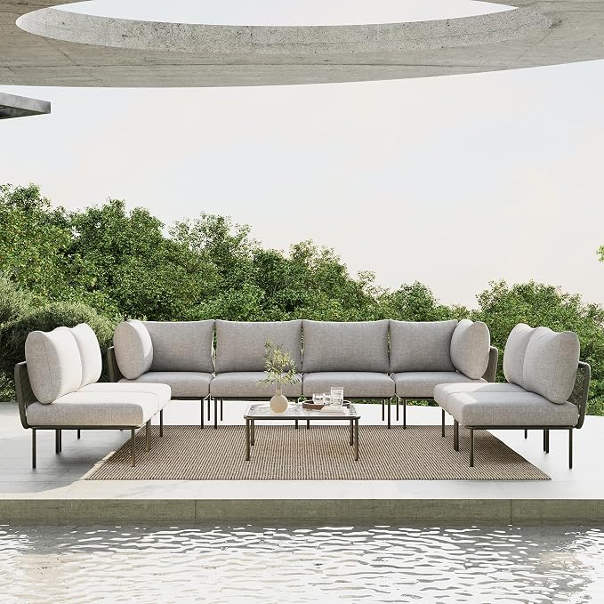 9 Piece Modern Outdoor Rope Wicker Sectional Patio L-Shaped Conversation Sofa Set Deep Seating with Thick Cushions