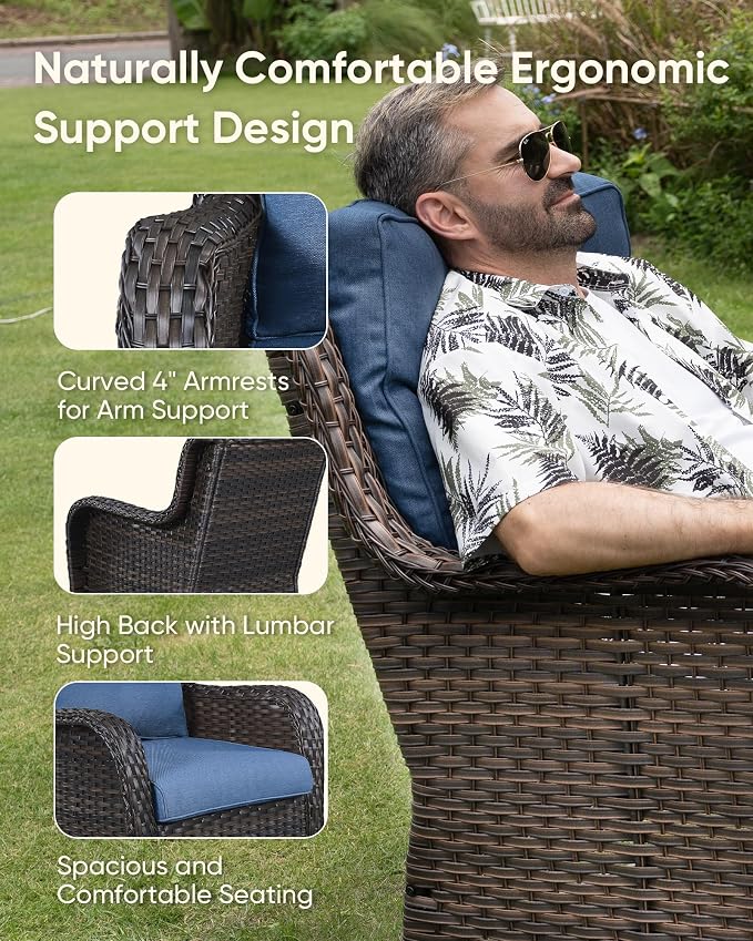 HUMMUH 8 Pieces Outdoor Patio Furniture Set with Fire Pit,L-Shaped Modular Sectional Couches with Swivel Patio Chairs,Wicker Conversation Set for Deck,Backyard,Porch,Garden