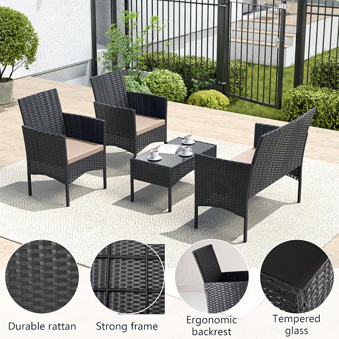 4 Pieces Outdoor Patio Furniture Sets,Wicker Conversation Set with Coffee Table,Loveseat and Wicker Patio Chairs with Soft Cushion for Porch, Garden, Lawn(Sand)