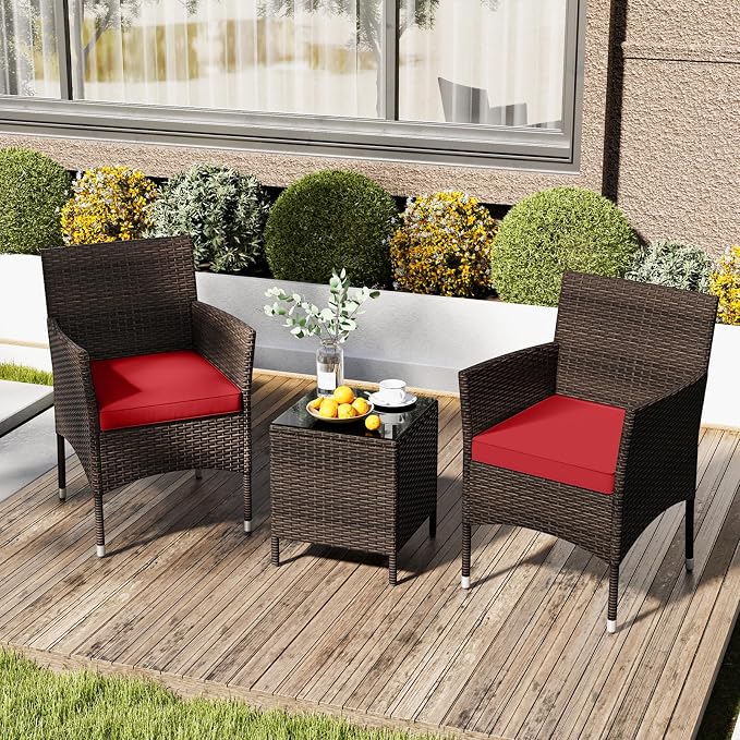 RELAX4LIFE 3-Piece Patio Furniture Set - Rattan Wicker Outdoor Conversation Set w/Cushions & Glass Coffee Table, Balcony Furniture for Porch Garden Backyard, Bistro Table and Chairs Set of 2 (Red)