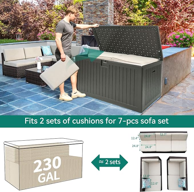 YITAHOME 230 Gallon Large Deck Box with Divider & Side Handles, Outdoor Double-Wall Storage for Patio Furniture Cushions, Garden Pool Accessories, Water Resistant & Lockable