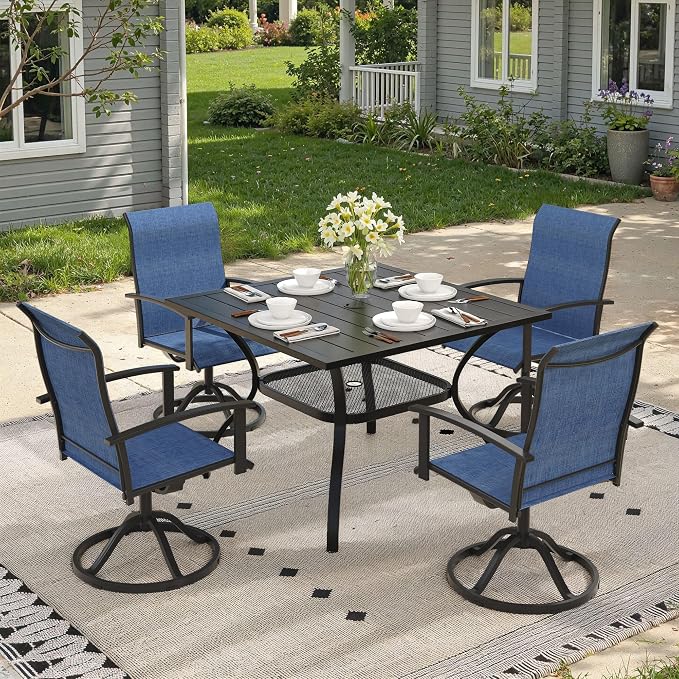 5 Pieces Patio Dining Set, Outdoor Furniture of 37.8" Square Patio Table and Patio Swivel Chairs for Backyard Lawn Garden, Black Table and Dark Blue Chairs