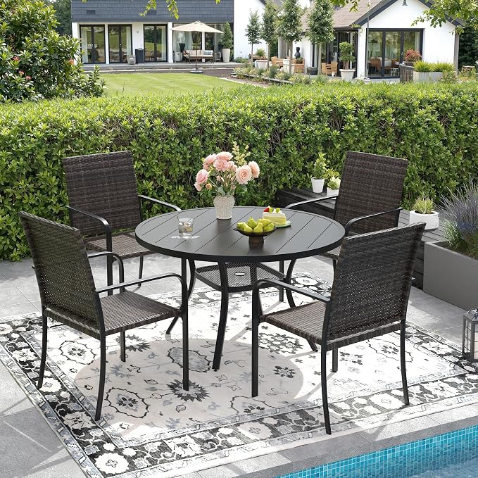 DIFY 5 Piece Outdoor Dining Set, Patio Table and Chairs Set for 4 with Umbrella Hole, 40.6" Black Round Dining Table & Stackable Wicker Patio Chairs, Metal Patio Furniture Set for Garden Backyard