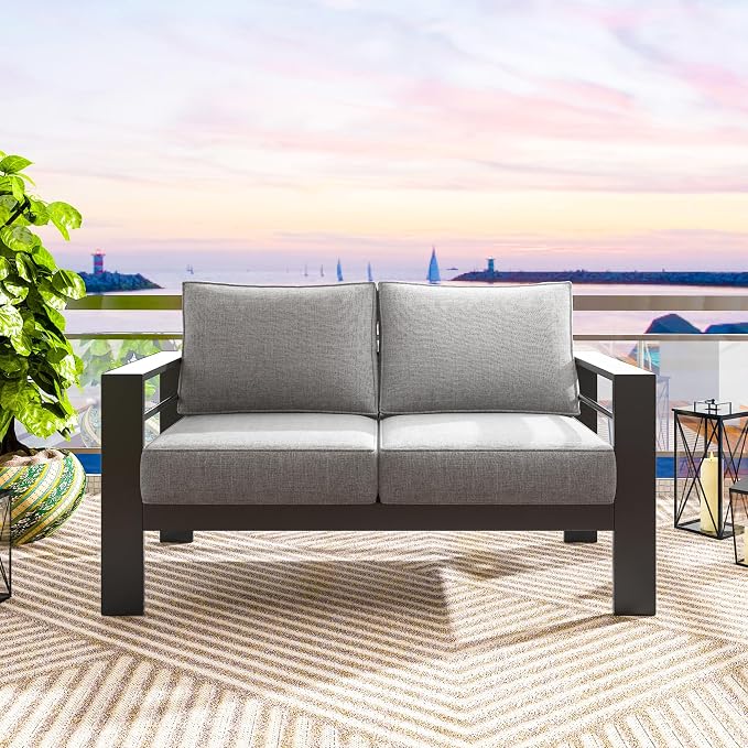 Solaste Aluminum Patio Loveseat, Metal Patio Sofa with Water-Resistant Cushion, Weather-Resistant Modern Outdoor Loveseat, Black Frame Grey Cushion