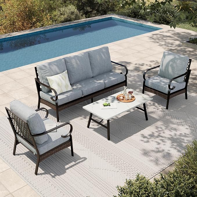 HERA'S HOUSE 4 Piece Metal Patio Furniture Set, All Weather Outdoor Conversation Set with 3 Seat Sofa, 2 x Cushioned Fixed Chair & Coffee Table, Seats 5 for Backyard, Garden, Deck, Grey
