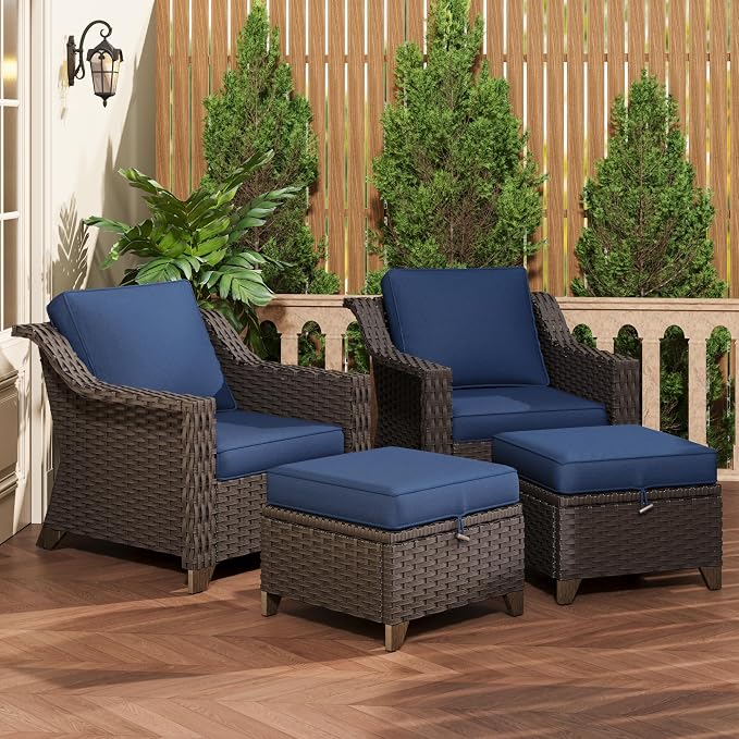 4 Pieces Patio Conversation Furniture Set - 2 Chairs with Ottomans Set of 2, Outdoor Wicker Armchairs with Water-Resistant and Washable Cushions for Porch, Balcony, Sunroom (Navy Blue)