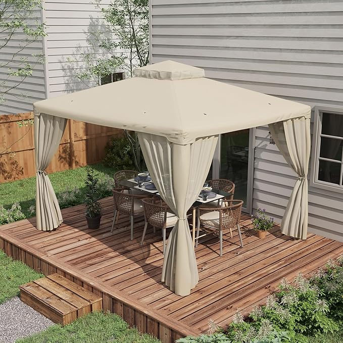 Outsunny 9.6' x 11.6' Patio Gazebo, Outdoor Canopy Shelter with 2-Tier Roof and Netting, Steel Frame for Garden, Lawn, Backyard, and Deck, Cream White