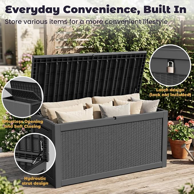 PatioZen 330 Gallon Outdoor Storage Box, Heavy Duty Resin Large Deck Box Organization for Garden Tools & Pool Accessories, Hydraulic Lift, All-Season UV-Resistant, Black