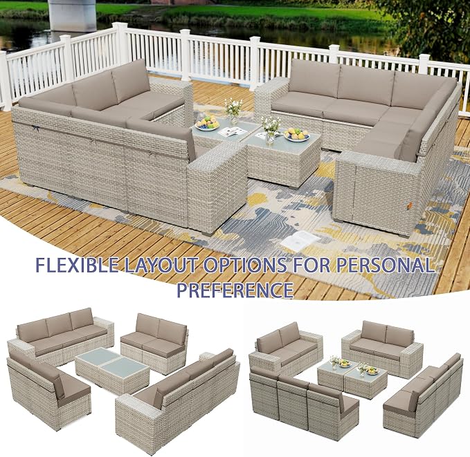 12 Piece Patio Furniture Set, 9.8" Wide Arm Sectional Sofa with Storage Armrests, All-Weather Rattan Outdoor Conversation Set for Garden, Porch, Lawn, Backyard, Balcony, Khaki