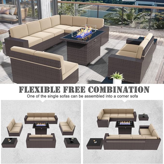 13 Pieces Patio Furniture Set with 44" Propane Gas Fire Pit Table, Outdoor Sectional Brown Rattan Wicker Conversation Sofa Sets with Coffee Table