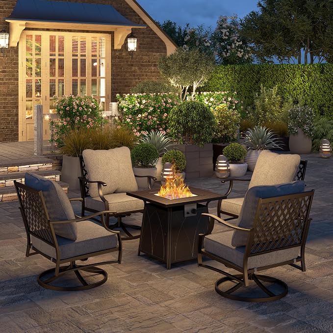 HERA'S HOUSE 5 Pieces Fire Pit Patio Furniture Set, 4 x Thick Cushioned Swivel Chairs with 28" Fire Pit Table (50,000 BTU), Outdoor Conversation Set for Garden, Backyard, Lawn