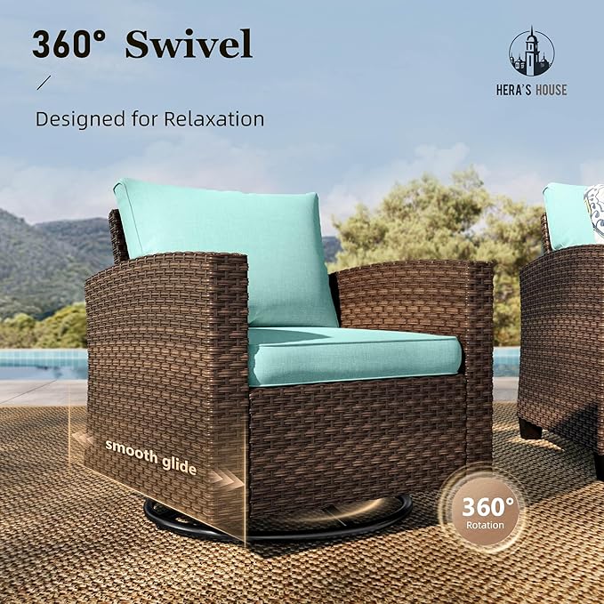 HERA'S HOUSE Patio Furniture Set with Swivel Glide Chairs, Outdoor Sectional Sofa Set, 7 Pieces Patio Conversation Sets for Lawn Backyard Deck, Brown/Blue
