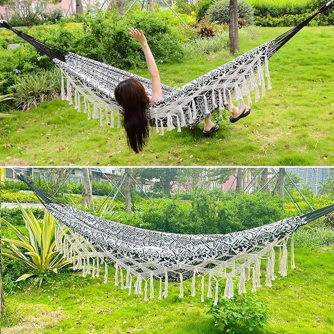 Black with Wirte Bohemian Striped Fringe Double Hammock - Soft Cotton Fabric Outdoor Indoor Hanging Bed with Durable Ropes, Space-Saving Design for Garden, Patio, Backyard, Porch, Beach Camping