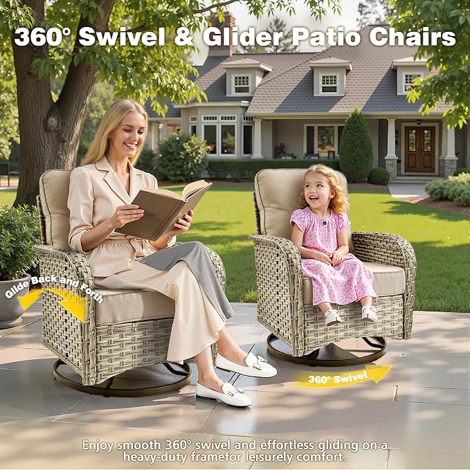 CAODOC 9 Piece Patio Furniture All Weather 7-Seater Outdoor Sectional Sofa with Patio Swivel Chairs and Solar Powered Coffee Table for Porch,Garden,Backyard,Deck(Tan)