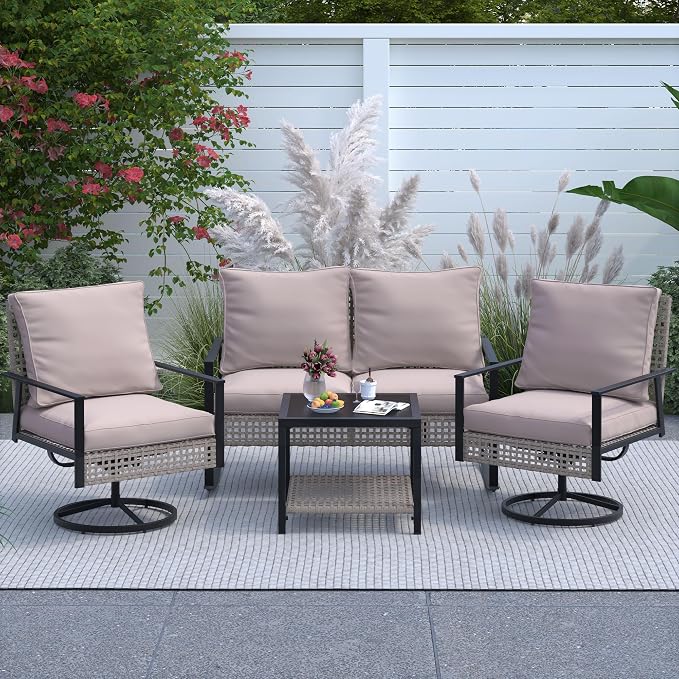 Ainfox Patio Furniture Set 4 Pieces, Patio Wicker Rattan Swivel Rocker, Outdoor Swivel Rocking Chairs Set with Loveseat, Garden Conversation Bistro Sets for Porch, Pool, Backyard Khaki