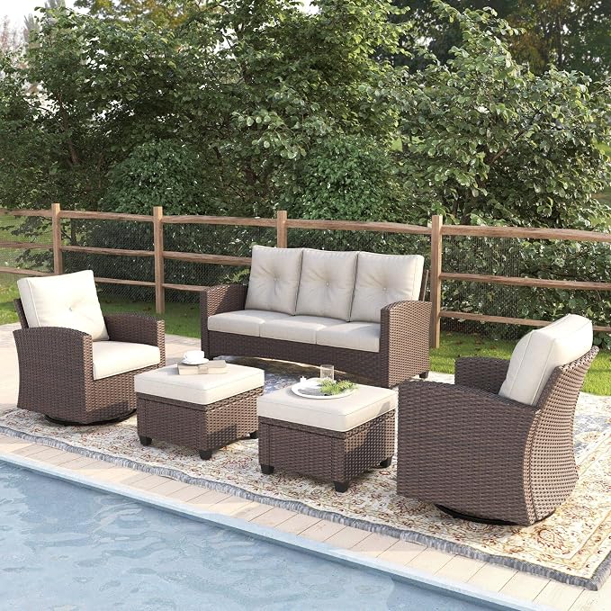 5 Pieces Patio Furniture Swivel Chairs Set, Outdoor Wicker Glider Rocking Chairs with Sofa Set