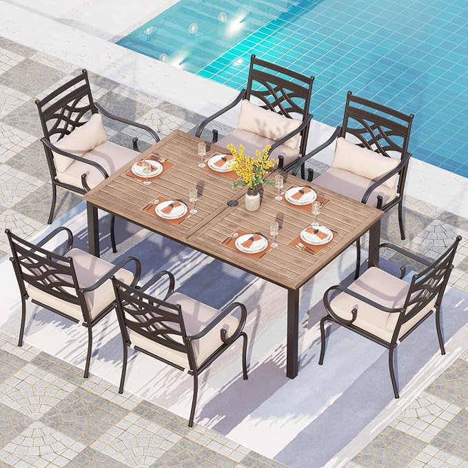PHI VILLA 7 Piece Patio Dining Set, Rectangular Steel Table | Metal chairs, Beige Cushion, Cushions, E-coated