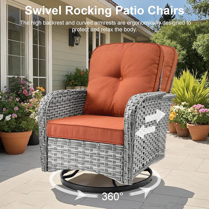 Outdoor Patio Furniture Sets,9 PCS Patio Conversation Set Outside Rattan Sectional Sofa with 42 in Square Fire Pit Table Wicker Rocking Chair Coffee Table Fit Backyard Garden Poolside Balcony